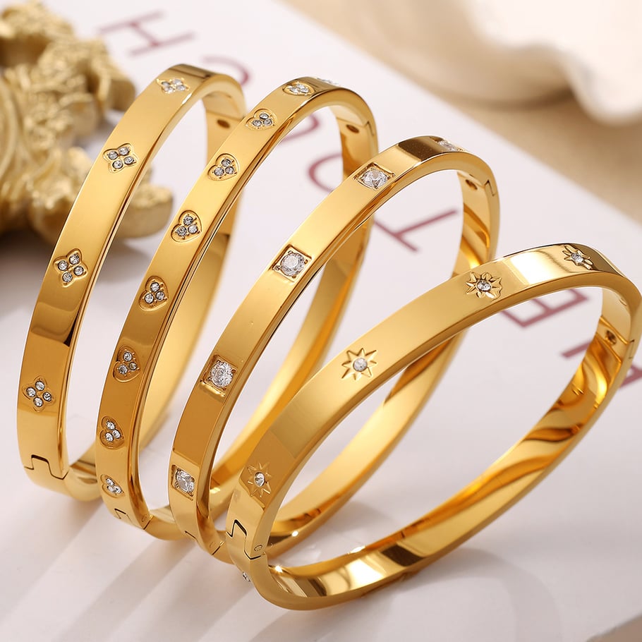 1 pieza de pulseras de mujer de acero inoxidable con diamantes de imitación de color dorado y diseño geométrico clásico de serie simple Imagen9