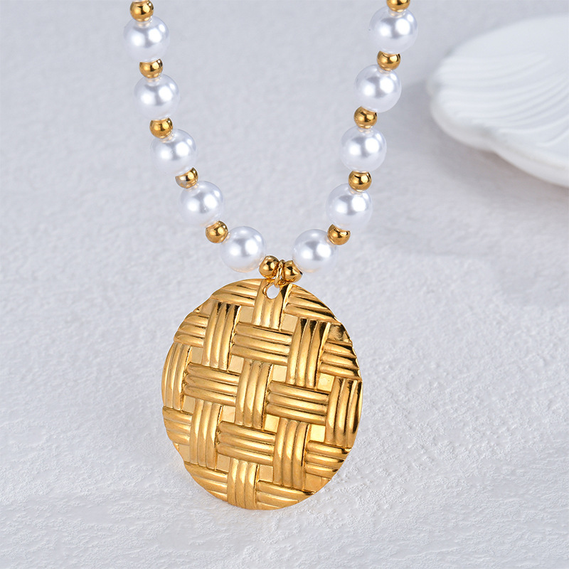 Collier avec pendentif géométrique rétro en acier inoxydable plaqué or 18 carats et perles artificielles pour femme, série simple, 1 pièce Image3