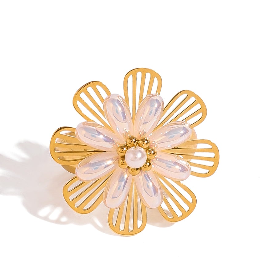 1 Pair Classic Series Retro Flower Stainless Steel 18K Gold Plated Artificial Pearl Women Adjustable Rings Picture5