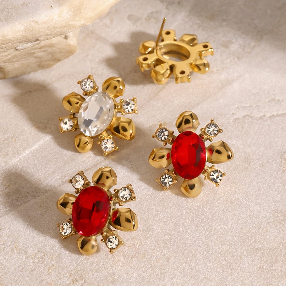 1 Pair Romantic Series Retro Flower Stainless Steel 18K Gold Plated Zircon Women Stud Earrings Picture8
