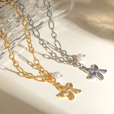 europäische und amerikanische grenzüberschreitende -stil persönlichkeit vielseitig exquisite 18 karat gold edelstahl seestern perlenanhänger halskette schmuck  h5 Bild3