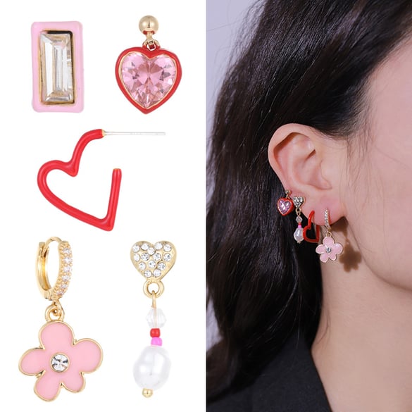 1 Çift Romantik Seri Tatlı Kalp Alaşımlı Kadın Küpe Seti 2