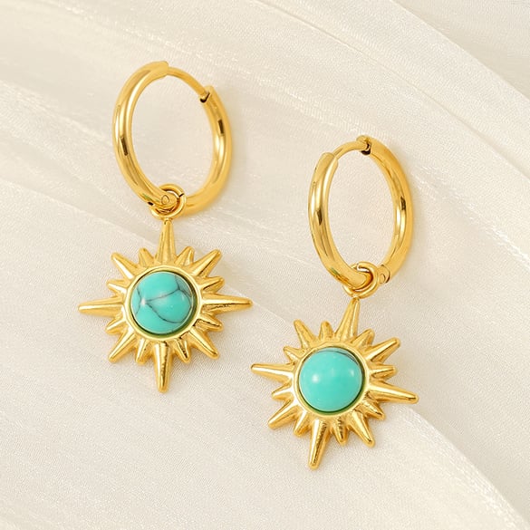 1 Pair Ins Retro Style Eight-pointed Star Shape Stainless Steel 18K Gold Plated Inlay Turquoise Women's Drop Earrings