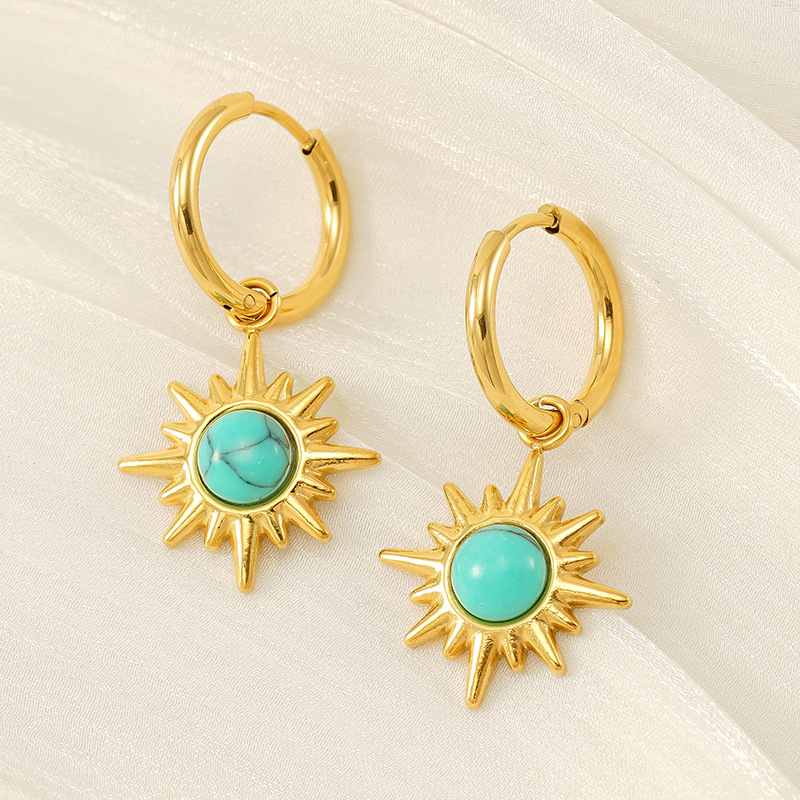 1 Pair Ins Retro Style Eight-pointed Star Shape Stainless Steel 18K Gold Plated Inlay Turquoise Women's Drop Earrings Picture3