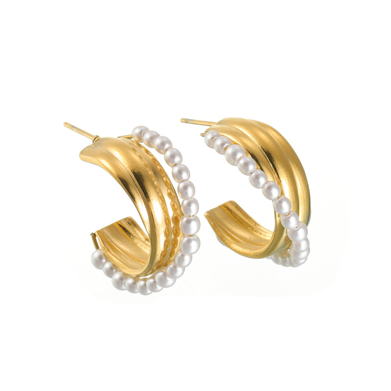 1 paire de boucles d&#39;oreilles créoles pour femme, série classique, en acier inoxydable plaqué or 18 carats, avec perles artificielles Image5