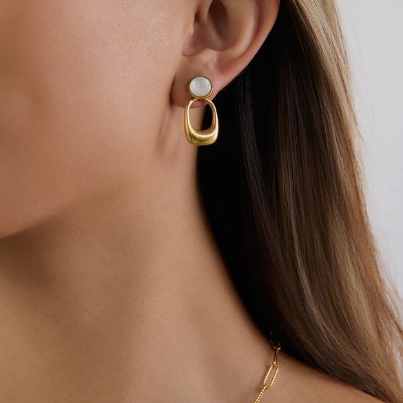 1 paio di orecchini pendenti da donna in acciaio inossidabile color oro con pietre artificiali geometriche retrò, serie semplice 2