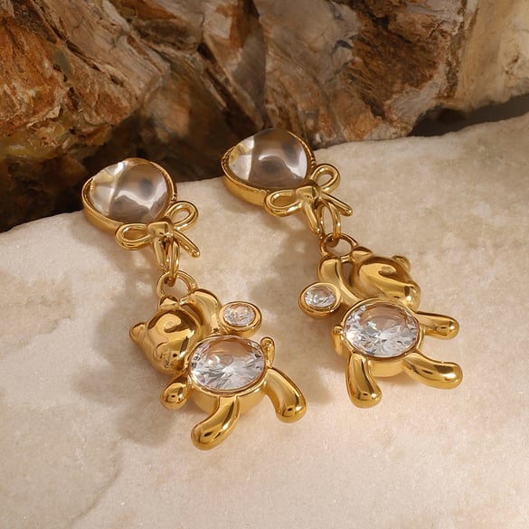 1 Pair Simple Series Cute Animal Stainless Steel 18K Gold Plated Zircon Women Drop Earrings