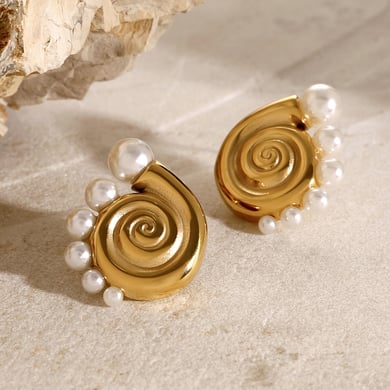 Internet-Promi-Stil Persönlichkeit Stil 18 Karat Gold Edelstahl Conch Halbkreis Perle Ohrringe mit linken und rechten Seiten Schmuck Großhandel h5 Bild4