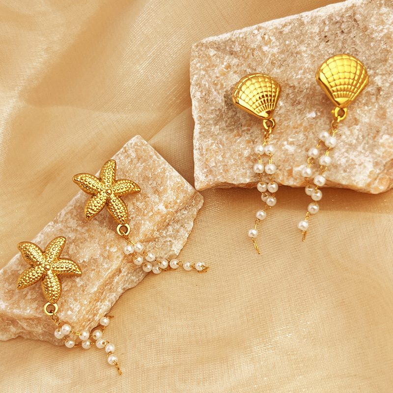 1 Pair Summer Style Daily Starfish Beads Tassels Stainless Steel Gold Color Women's Drop Earrings Picture4