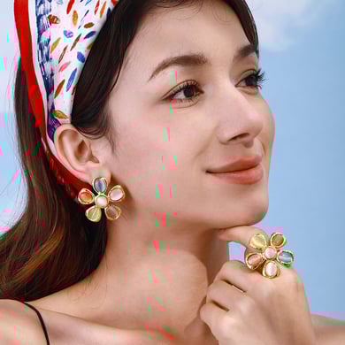 1 Pair Romantic Series Vacation Flower Stainless Steel Gold Color Natural Cat-eye Stone Women's Stud Earrings h5 Picture5