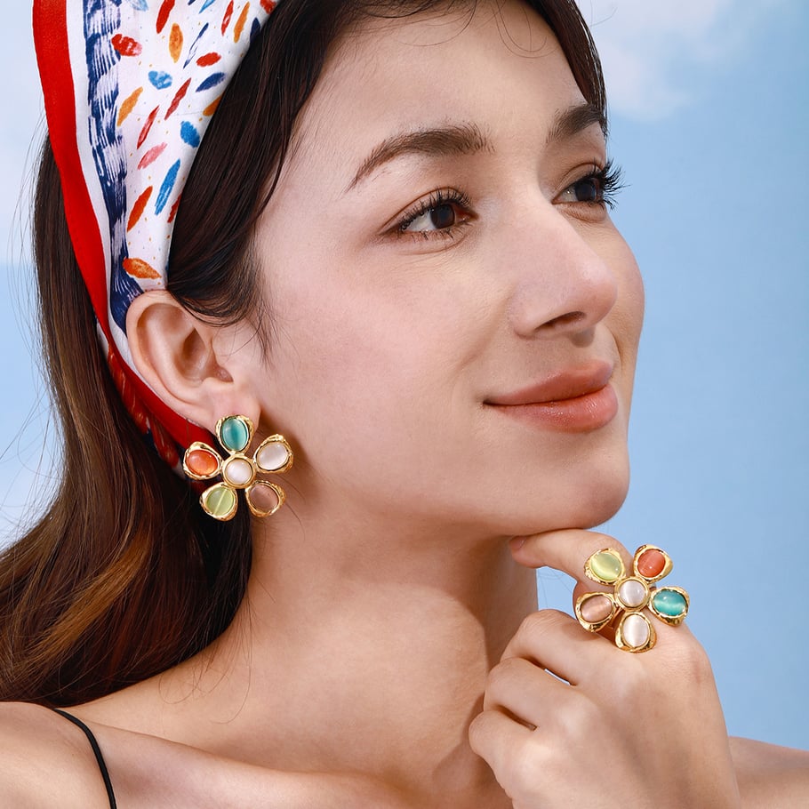 1 Pair Romantic Series Vacation Flower Stainless Steel Gold Color Natural Cat-eye Stone Women's Stud Earrings Picture5
