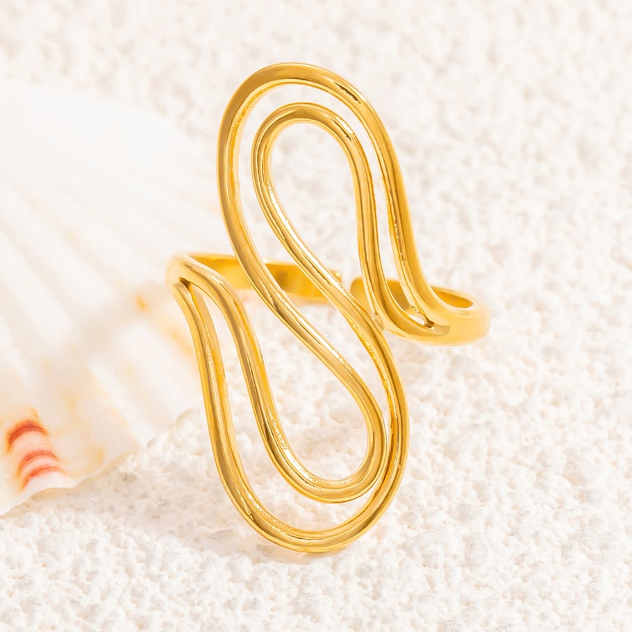 Anillo ajustable para mujer de acero inoxidable dorado con diseño clásico de serie simple de 1 pieza Imagen5