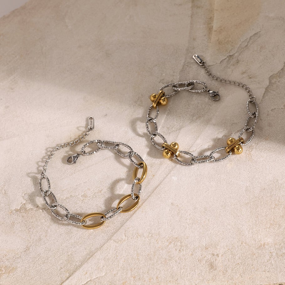 1 Pair Retro Hong Kong style exquisite bracelet for girls 18k gold stainless steel gold and silver color matching O-style hammer pattern thick chain bracelet women's chain bracelet Picture4