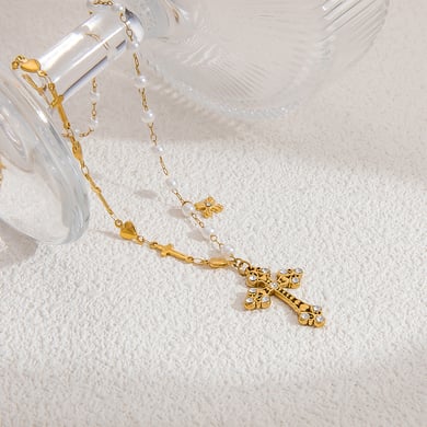 1 Piece Classic Series Daily Cross Stainless Steel 18K Gold Color Plated Artificial Pearl Women's Pendant Necklaces h5 Picture6