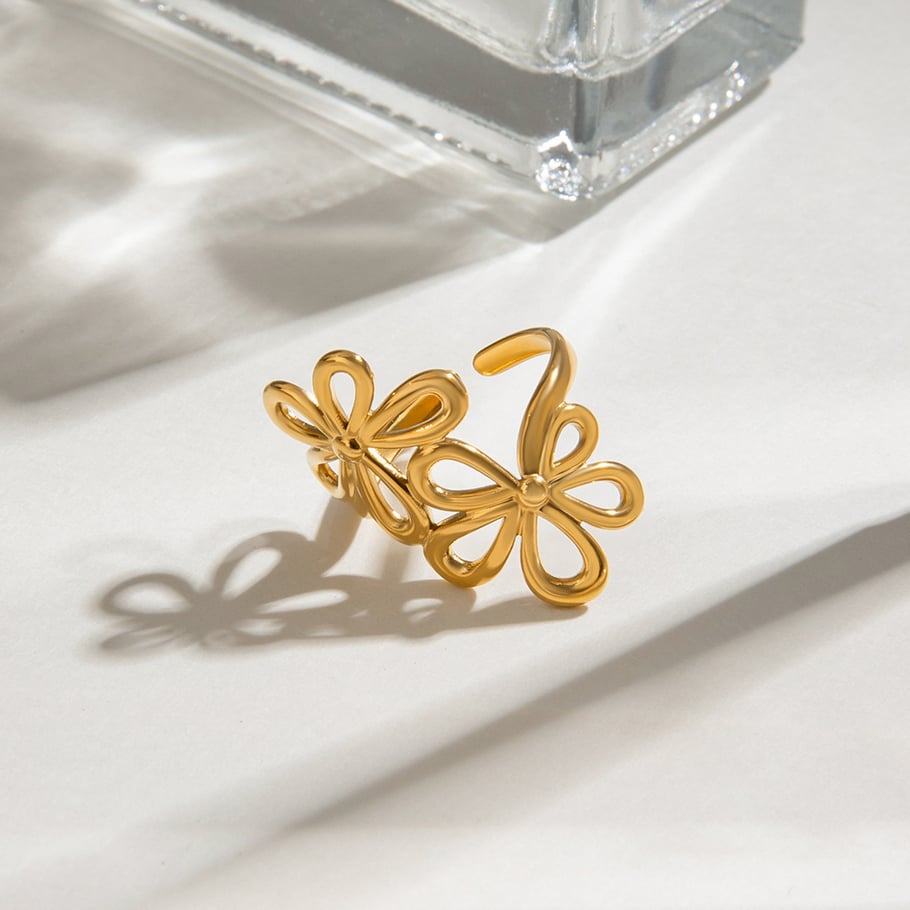 Anillos ajustables para mujer de acero inoxidable color dorado con diseño de flor elegante de serie romántica de 1 pieza Imagen6