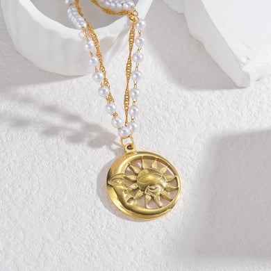 Collier bohème simple en acier inoxydable plaqué or 18 carats avec perles et pendentif soleil/lune pour femme, 1 pièce h5 Image3