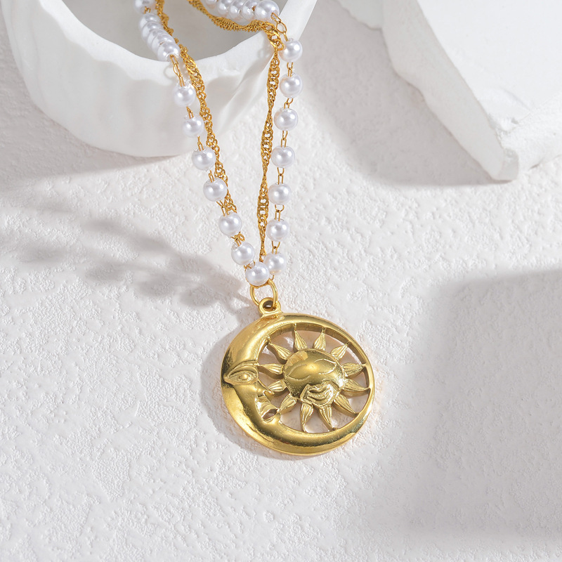 Collier bohème simple en acier inoxydable plaqué or 18 carats avec perles et pendentif soleil/lune pour femme, 1 pièce Image3