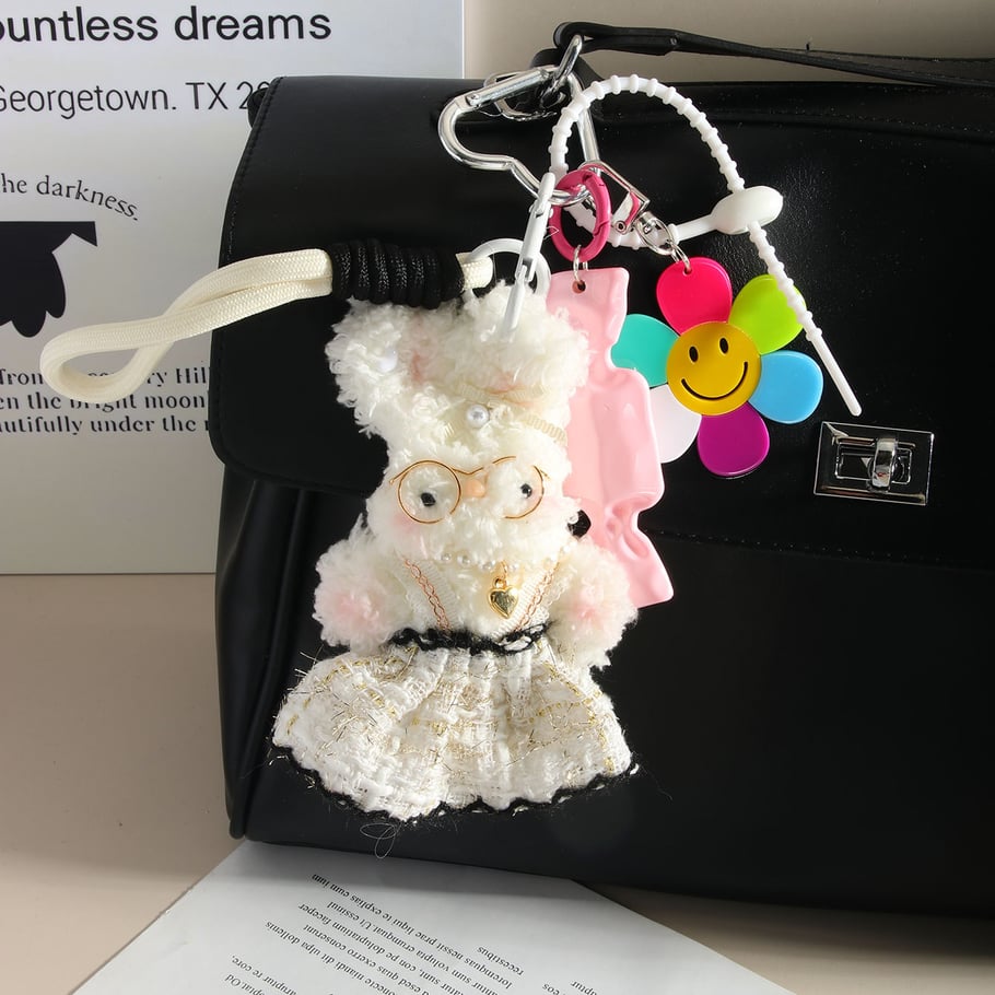 1 Piece Romantic Series Cute Plaid Dress Rabbit Fluffy Doll Rayon Women's Bag Charms Picture4