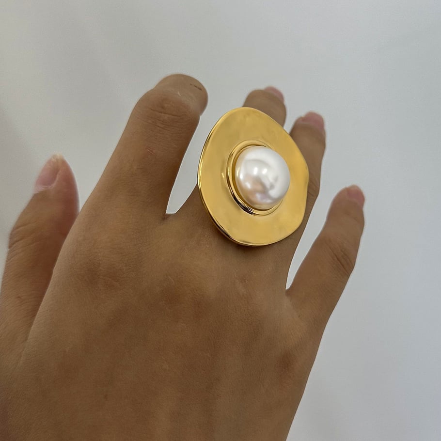 1 pair simple series retro geometric stainless steel gold plated artificial pearl women adjustable rings h5Picture5