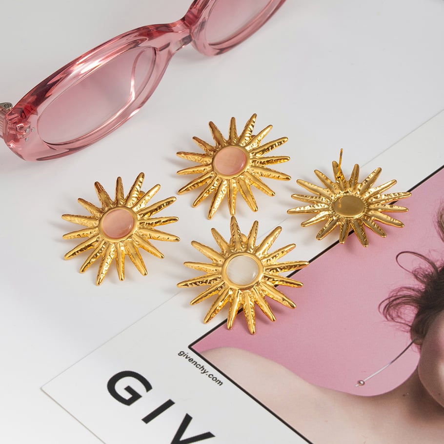 1 Pair Luxurious Series Elegant Sun Stainless Steel Gold Color With Natureal Stone Women's Stud Earrings Picture4