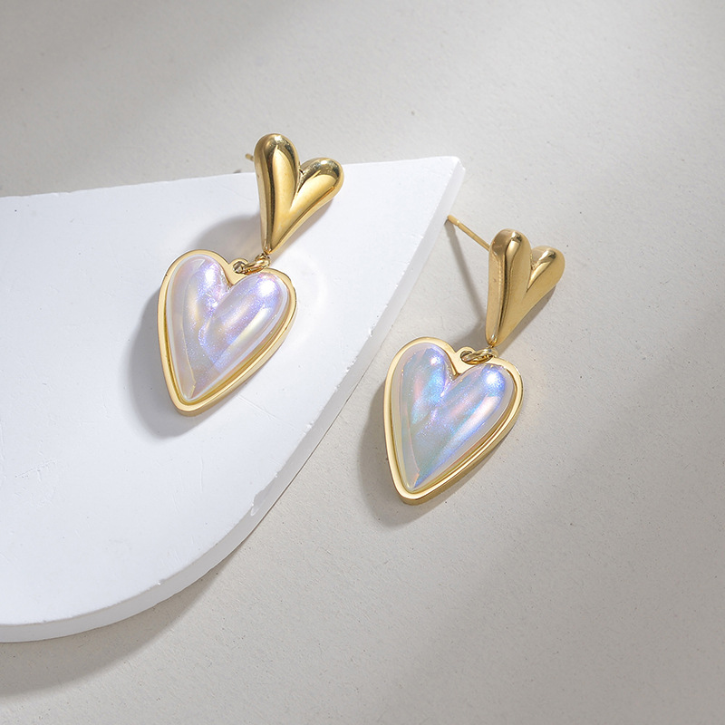 1 paire de boucles d&#39;oreilles pendantes en acier inoxydable plaqué or 14 carats pour femme, série Simple Sweet Heart Image3