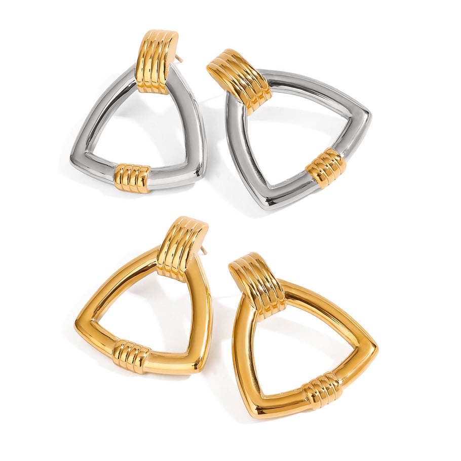 1 par de pendientes de botón de acero inoxidable en forma de triángulo clásico, color dorado, para mujer. Imagen12