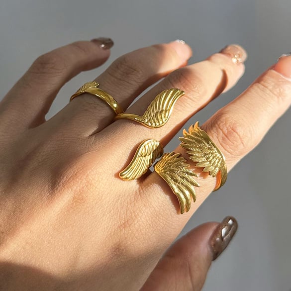 1 Pair Luxurious Series Retro wing Stainless Steel 18K Gold Plated Women Adjustable Rings
