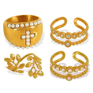 1 paar Simple Series Retro Cross roestvrij staal 18K vergulde kunstmatige parel dames verstelbare ringen h5 Afbeelding7