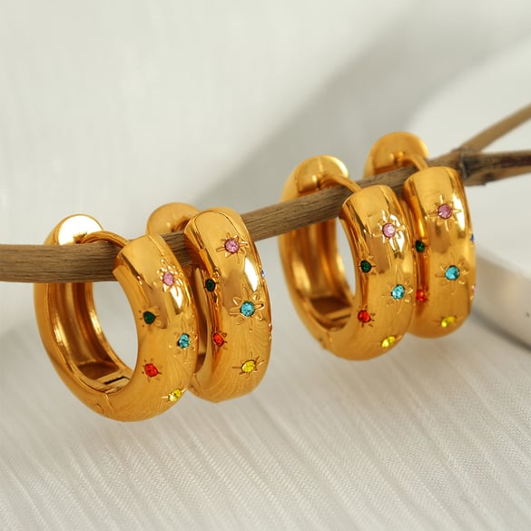 1 Çift Basit Seri Retro Geometrik Paslanmaz Çelik 18K Altın Kaplamalı Yapay Elmas Kadın Halka Küpe 2