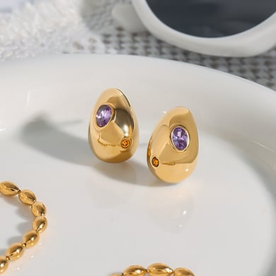 1 par de pendientes de botón de acero inoxidable dorados con forma de gota de Europa y América, serie clásica para mujer h5 Imagen6