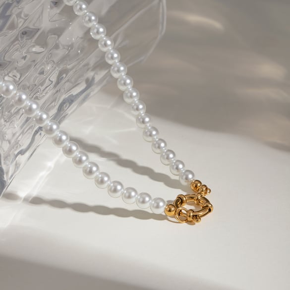 Collar de cuentas elegante de acero inoxidable chapado en oro de 18 quilates para mujer, serie clásica, 1 pieza 2