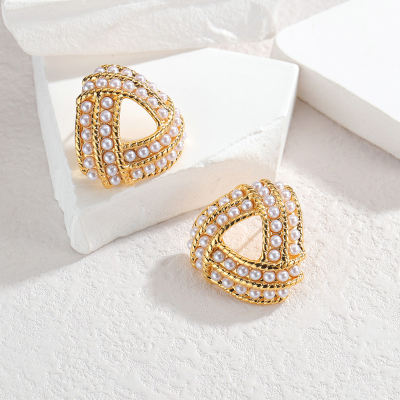 1 paire de boucles d&#39;oreilles créoles rétro géométriques en acier inoxydable plaqué or 18 carats avec perles artificielles pour femmes, série romantique Image3