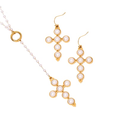 1 Paar Simple Series Retro Kreuz Edelstahl 18 Karat vergoldet Kunstperle Damen Ohrringe Set h5 Bild6