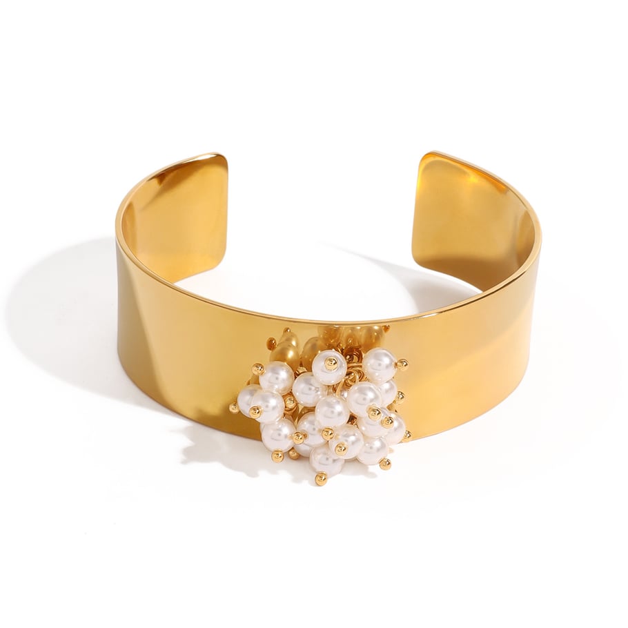 1 Piece Simple Series Retro Geometric Stainless Steel 18K Gold Plated Artificial Pearl Women Bangles Picture5