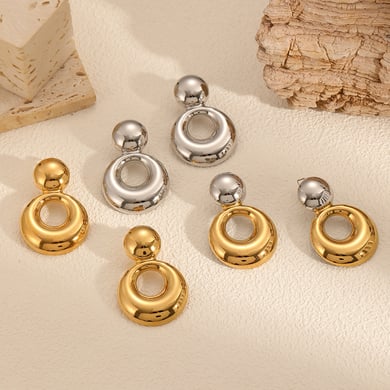 1 Pair Simple Series All-match Double Round Stainless Steel Gold Color Women's Stud Earrings h5 Picture3