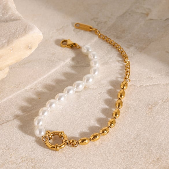 1 Piece Classic Series Europe and America oval Stainless Steel 18K Gold Plated Artificial Pearl Women Beaded Bracelets 2