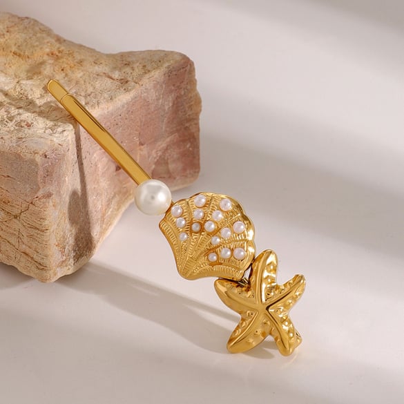 1 Pair Simple Series ins style Turtle Stainless Steel 18K Gold Plated Artificial Pearl Women Hair Clips 2