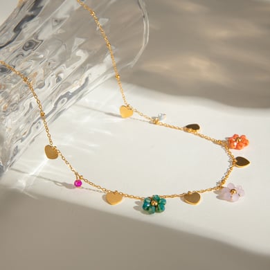 Bijoux transfrontaliers européens et américains de style INS en acier inoxydable 18 carats avec perles de verre colorées en forme de fleur et pendentif d&#39;amour, chaîne de perles rondes h5 Image2