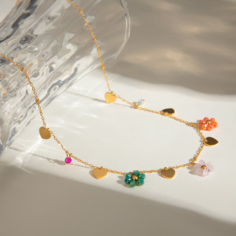 Bijoux transfrontaliers européens et américains de style INS en acier inoxydable 18 carats avec perles de verre colorées en forme de fleur et pendentif d&#39;amour, chaîne de perles rondes Image2