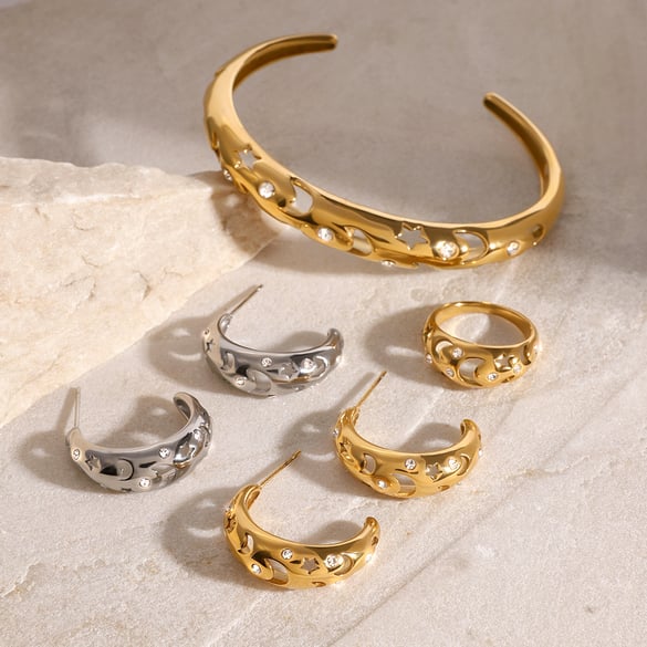 1 Pair Simple Series Casual Sun/Moon Stainless Steel 18K Gold Plated Rhinestone Women Earrings set 2