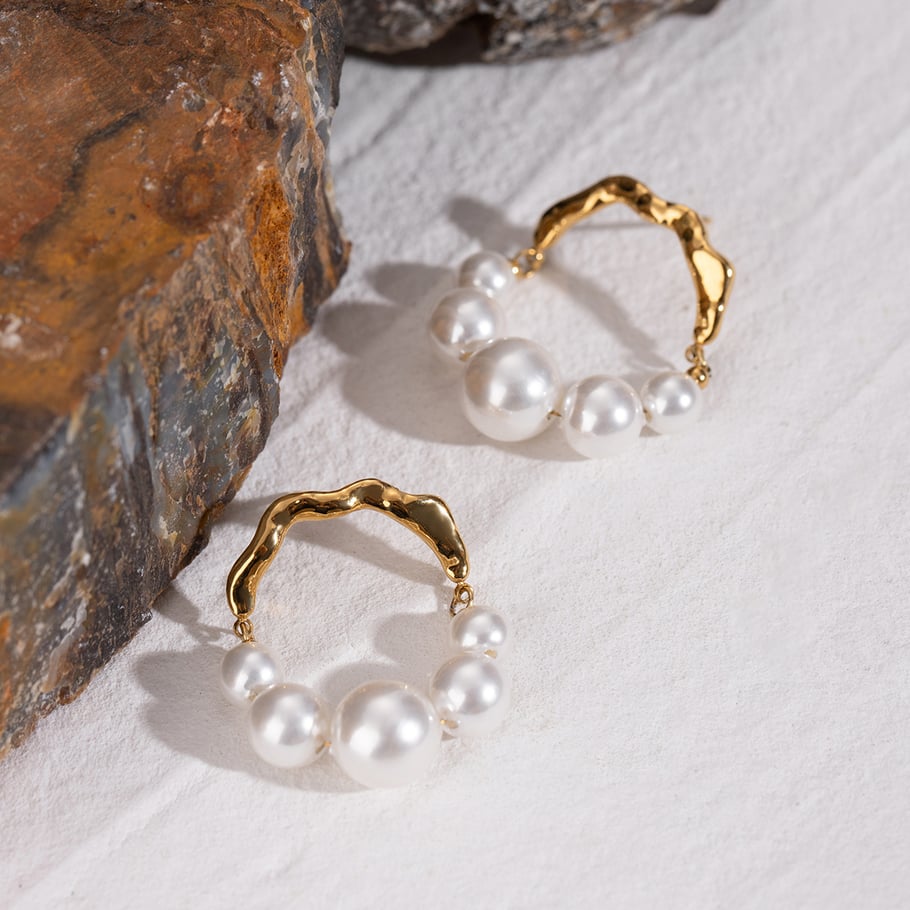 1 Pair Simple Series Retro Beads Stainless Steel 18K Gold Plated Artificial Pearl Women Hoop Earrings Picture3