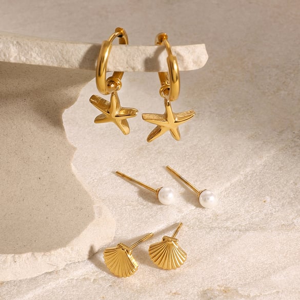 1 Pair Romantic Series Classic starfish Stainless Steel 18K Gold Plated Artificial Pearl Women Earrings Set 2
