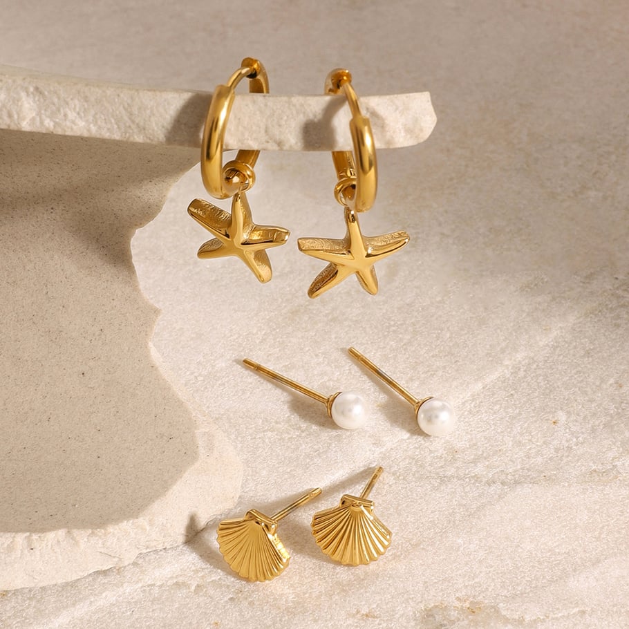 1 Pair Romantic Series Classic starfish Stainless Steel 18K Gold Plated Artificial Pearl Women Earrings Set Picture3