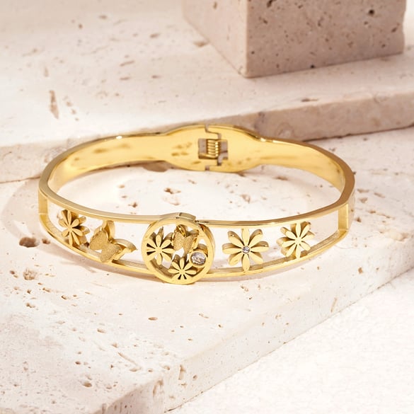 1 stuk luxe serie natuurlijke bloemen roestvrij staal goudkleurige damesarmbanden