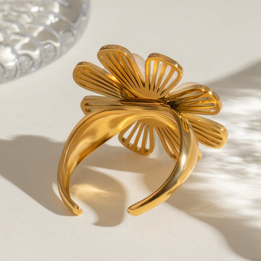 1 Pair Classic Series Retro Flower Stainless Steel 18K Gold Plated Artificial Pearl Women Adjustable Rings Picture3