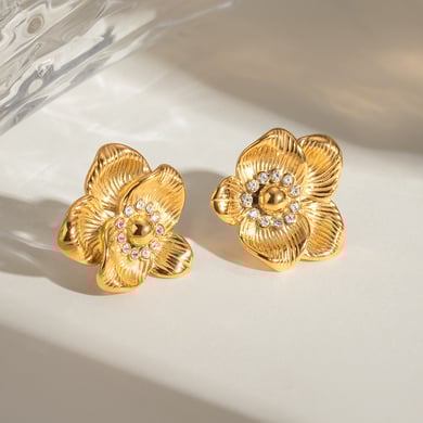 1 Pair Classic Retro Style Flower Shape Stainless Steel 18K Gold Plated Inlay Rhinestones Women's Stud Earrings h5 Picture4