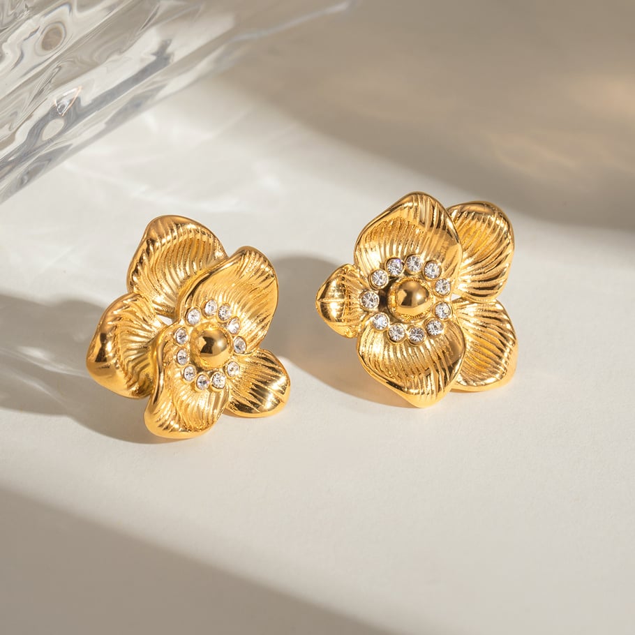 1 Pair Classic Retro Style Flower Shape Stainless Steel 18K Gold Plated Inlay Rhinestones Women's Stud Earrings Picture4