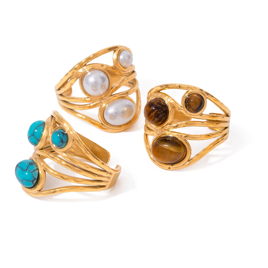 1 Paar Klassische Serie Retro Geometrische Edelstahl 18K Vergoldet Künstliche Edelsteine Verstellbare Ringe Für Frauen Bild5