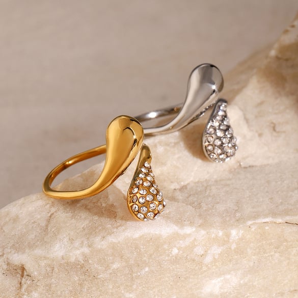 1 paio di anelli a goccia in acciaio inossidabile oro 18k, anello aperto asimmetrico a forma di lacrima con strass, anello unisex regolabile 2