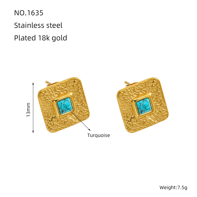 1 Pair Simple Retro Style Geometric Shape Stainless Steel 18K Gold Plated Inlay Turquoise Women's Stud Earrings Picture6